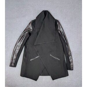 Spanx Women's Drape Front Black Faux Leather Jacket (XS) Sleeve Ponte Grunge 90s